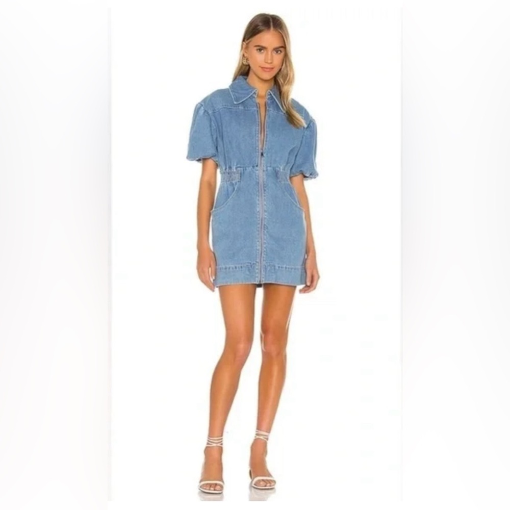 REVOLVE Blue Denim V-Neck Mini Dress